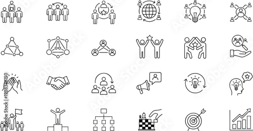 Collection of minimalist line icons for human resources team leadership corporate synergy and professional networking vector.