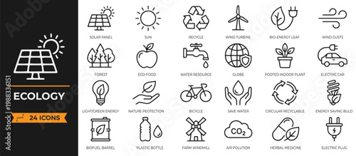 A collection eco-friendly icons, including renewable energy, conservation, and sustainable living, ideal for use in environmental and educational materials.