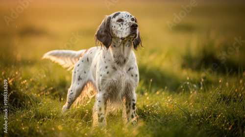 English Setter Low Angle Golden Field Wildlife Telephoto Shot Natural Frame Copy Space