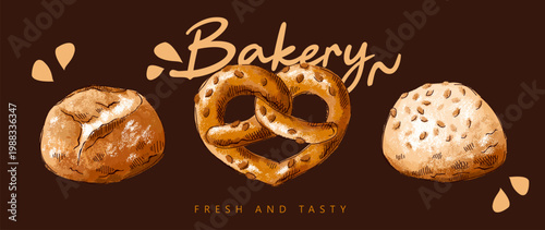 Composition with different types of bread. Imitation of pastels, hand-drawn.