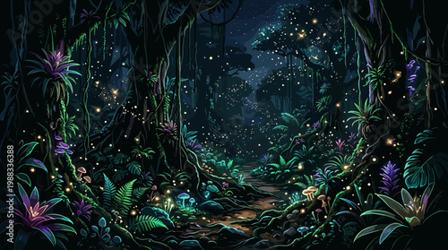 Mystical twilight forest path adorned with bioluminescent plants and fireflies, creating a magical and dreamlike tropical landscape