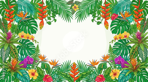 Vibrant Tropical Foliage Frame with Exotic Blooms and Lush Green Leaves, Perfect for Summer Backgrounds, Party Invitations, and Greeting Cards Design