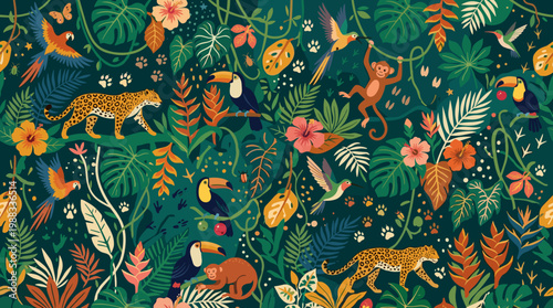 Vibrant Tropical Jungle Illustration Showcasing Exotic Wildlife Including Jaguars, Macaws, Monkeys, and Toucans Amidst Lush Green Foliage and Colorful Flowers, a Rich Rainforest Biodiversity Scene