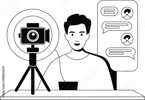 Man filming with ring light and phone showing chat messages