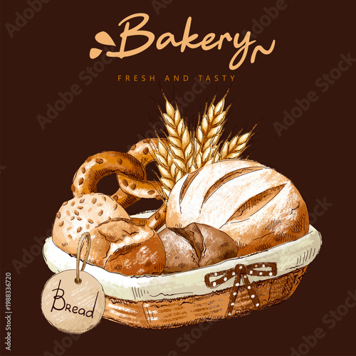 Composition with different types of bread, baked goods in wicker basket with brown bow, sign with an inscription. Imitation of pastels, hand-drawn.