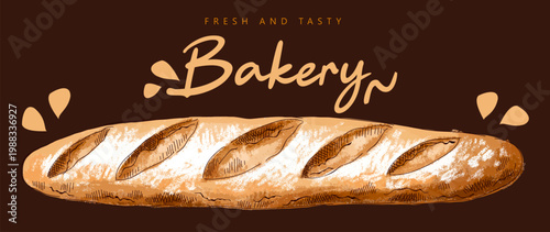 Baguette on a brown background. Imitation of pastels, hand-drawn.