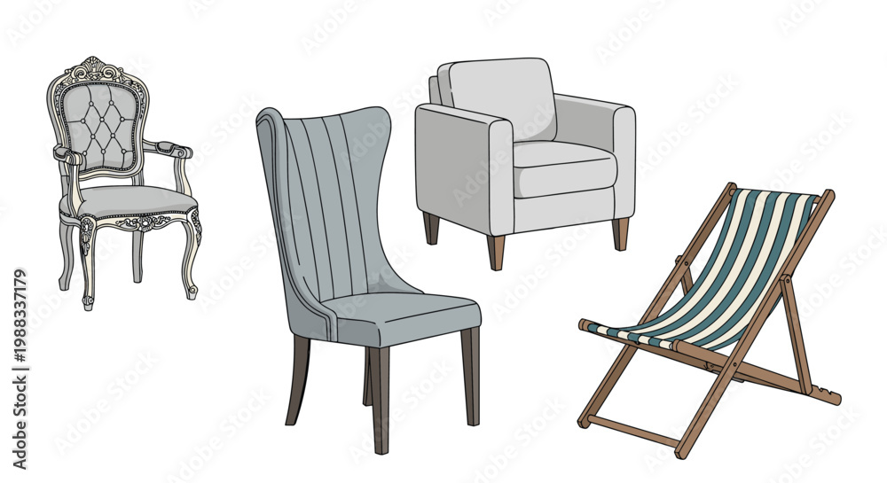 Fototapeta premium Collection of four chairs including a classic ornate armchair, a modern wingback, a club chair, and a striped beach deck chair for decor.