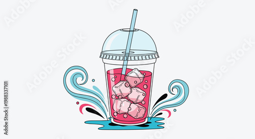 Refreshing pink iced beverage in a plastic cup with a dome lid and straw is surrounded by dynamic blue and pink water splashes and droplets.