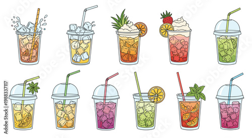 Collection of twelve diverse iced drinks in plastic cups displays colorful garnishes for a summer beverage menu concept.