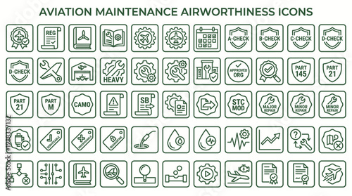A collection of aviation maintenance airworthiness icons for regulatory compliance and aircraft safety
