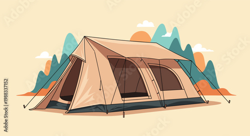 Large tan family tent is set up in a mountain landscape with a setting sun, offering a perfect scene for camping and outdoor adventure.