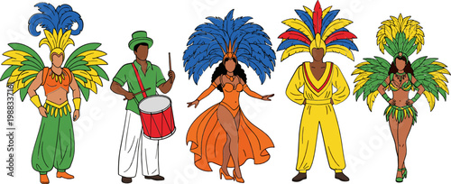 Carnival and Parade Icon Set Featuring Colorful Costumes, Drummers, and Feathered Headdresses for Festival and Celebration Designs