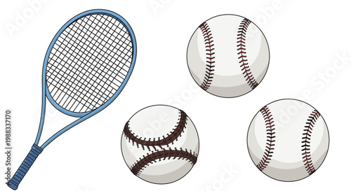 Blue tennis racket is shown alongside three white baseballs with red stitching, representing different sports and athletic activities.