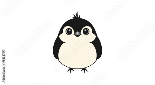 Cute and fluffy cartoon bird with large eyes and a round body stands still against a white background for a charming and sweet illustration.