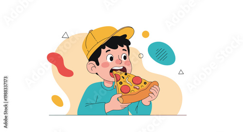 Young boy wearing a yellow cap and blue sweater enjoys eating a large slice of pepperoni pizza with melting cheese in a fun cartoon style.