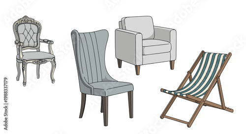 Collection of four chairs including a classic ornate armchair, a modern wingback, a club chair, and a striped beach deck chair for decor.
