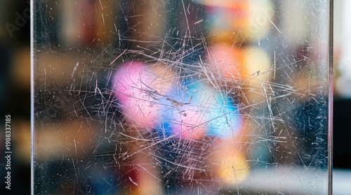 Close-up of a Scratched Glass Surface with Colorful Background