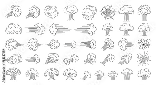 Collection of hand drawn comic style smoke clouds, explosions, and speed trail icons isolated on a white background for design.