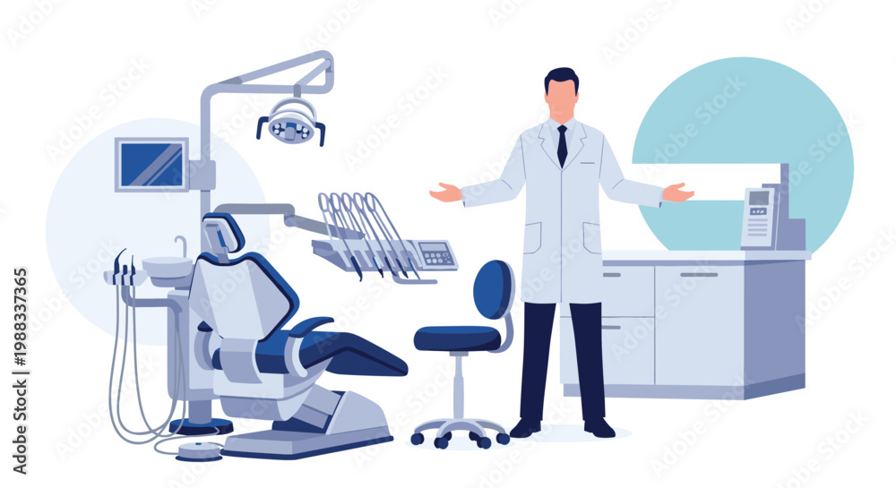 Fototapeta premium Male dentist in a professional white coat standing in a modern dental office with a patient chair and medical equipment.