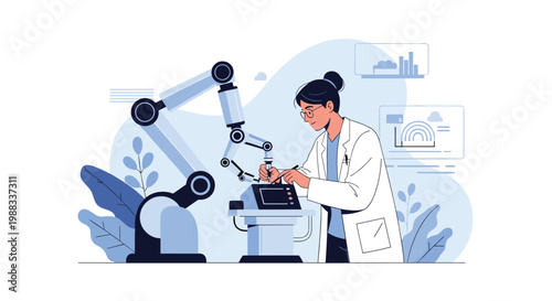 Professional female scientist working with a high tech industrial robotic arm in a modern research laboratory environment.