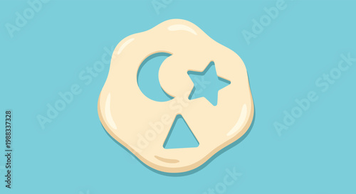 Round flat cookie or cracker with cut out moon, star, and triangle shapes isolated on a light blue background in vector.