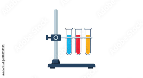 Three glass test tubes filled with blue, red, and orange liquids held in a professional metal stand on white background.