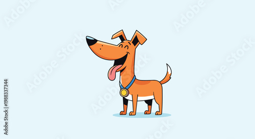 Joyful orange cartoon dog wearing a golden medal on a blue ribbon and smiling happily on a light blue background.