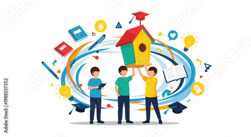 Group of school children holding a birdhouse surrounded by educational icons and dynamic colorful swooshes on white.