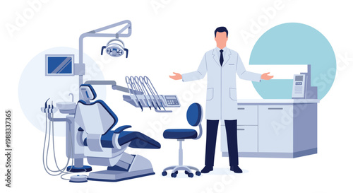 Male dentist in a professional white coat standing in a modern dental office with a patient chair and medical equipment.