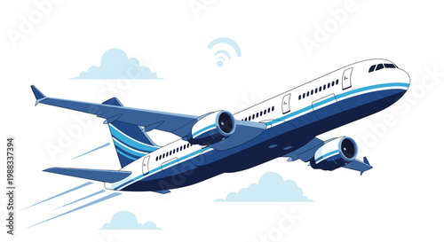 Commercial passenger airplane soaring through clear white clouds with a digital wifi signal icon representing inflight connectivity.