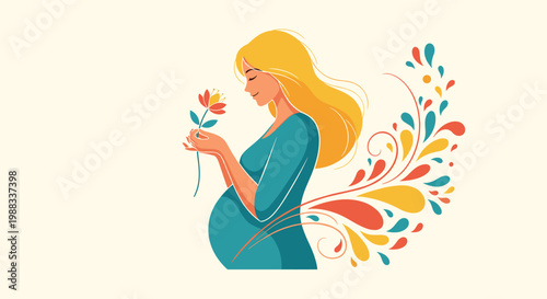 Beautiful profile of a pregnant woman with long blonde hair holding a flower surrounded by colorful abstract flourishes.