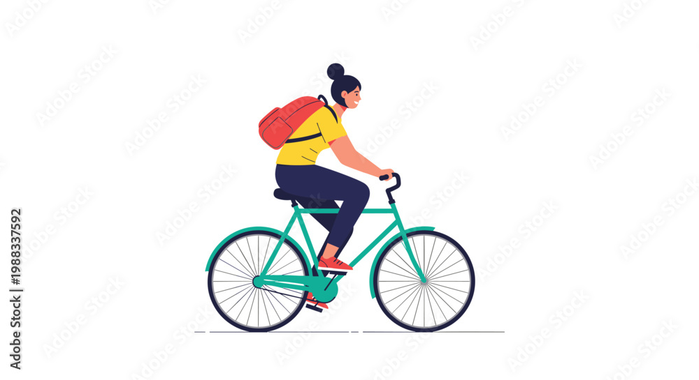 Fototapeta premium Active young woman with a red backpack riding a green bicycle outdoors against a clean white background illustration.