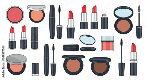 Diverse collection of beauty cosmetics including lipstick, mascara, blush, and compact powder in various shades and cases.