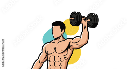 Strong muscular man lifting a heavy black dumbbell in a shoulder press exercise against a colorful abstract background.