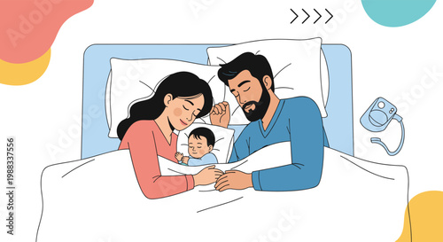 Happy family of mother, father, and baby sleeping peacefully in bed with a CPAP machine and mask shown on the side.