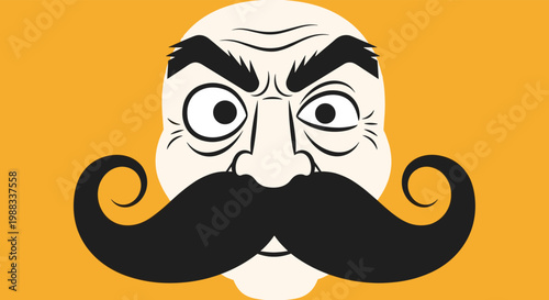 Close up caricature of an angry man with thick black eyebrows and a huge curled handlebar mustache on an orange background.