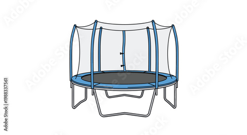 Large outdoor round trampoline featuring blue padding and a black jumping mat surrounded by a high safety enclosure net.