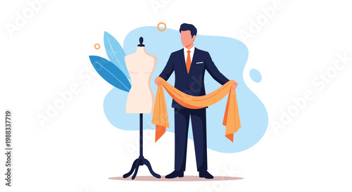 Fashion designer in a stylish suit standing next to a mannequin while holding a piece of bright orange fabric for a new creation.