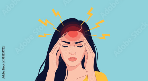 Woman with long dark hair closing her eyes and holding her temples to represent intense headache pain, migraine, or high stress.
