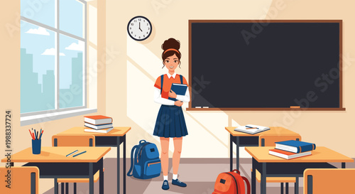 High school student standing in a classroom with desks, stacks of books, a backpack, and a large blackboard for educational use.