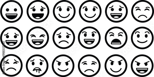 Collection of black and white emoticons representing various emotions