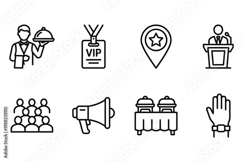 Event planning and catering icons with vip badge and megaphone food service raised hand planning catering location