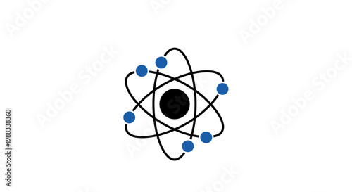 Abstract illustration of an atom model with orbiting particles and a central nucleus