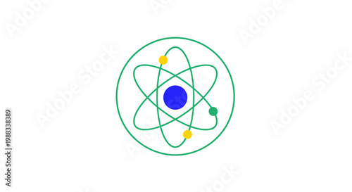 Atom illustration with orbital paths and particles inside a green circular outline on white