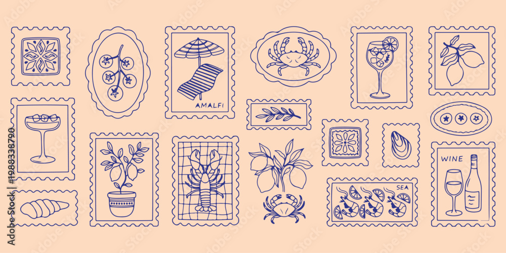 Obraz premium Summer holiday and coastal stamps, beach vacation and travel icons, hand drawn summer souvenir doodle, minimalist tropical themed line art, creative island holiday illustration sketch, coastal scenery