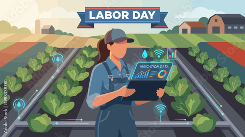 Labor Day Illustration of Female Farmer Using Smart Irrigation Tech