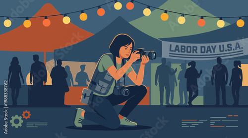Female photographer capturing photos at a Labor Day festival