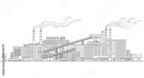 Industrial factory with smoke stacks emitting pollution into the air.