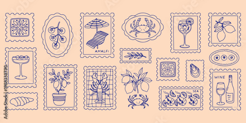 Summer holiday and coastal stamps, beach vacation and travel icons, hand drawn summer souvenir doodle, minimalist tropical themed line art, creative island holiday illustration sketch, coastal scenery