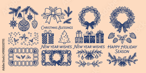 Christmas blessings and holiday wreaths, seasonal holiday greeting line art, hand drawn festive wreath doodle, minimalist Christmas decoration design elements, creative seasonal holiday art vector, ch